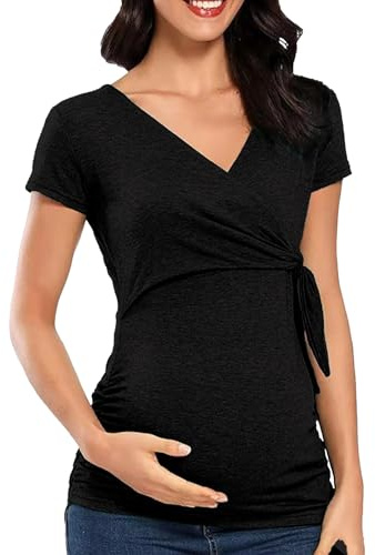 SHEKINI Maternité Allaitement Chemise croisée à Manches Courtes et col en V Solide Enceinte T-Shirt de Grossesse Femme Vêtements de Grossesse Maillot de Corps Enceinte