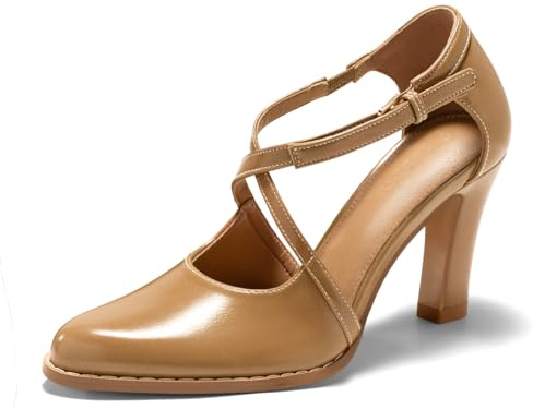 Coutgo Womens Chunky High Heels Dress Shoes Closed Pointed Toe Cross Strap Buckle Pumps Vintage D'Orsay Party Shoes, Light Brown, 8 UK
