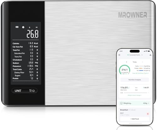 MrOwner Smart Food Kitchen Scale with Nutritional Calculator, Free App with 19 Nutrients Tracking, Calorie, Marco, Digital Weight Grams and Ounces for Weight Loss, Premium Stainless Steel, 22lb