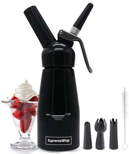 SupremeWhip Aluminium Metal Whipped Cream Dispenser, Professional Whipper, 0.25L Full Canister, with 3 Decorating Tip Nozzels, (Black)