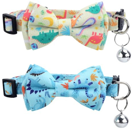 Collar de Dinosaurio para Gato, Bonito Collar de Dinosaurio con Pajarita para Gato con Cascabeles Collar de Pajarita Desmontable para Gatito Collar Ajustable para Gatitos y Cachorros
