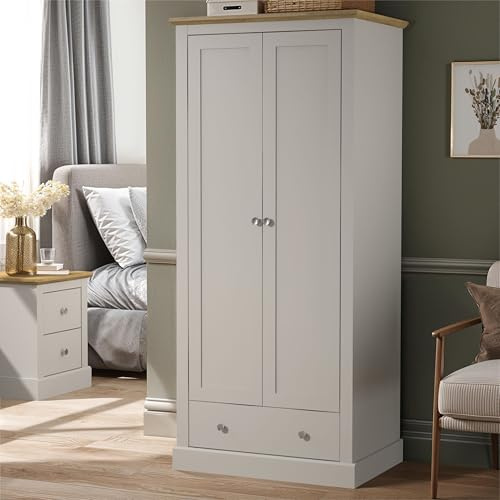 Galano Surrey 2 Door 1 Drawer Wardrobe – Minimalist Bedroom Furniture with Hanging Rail and Drawer – Compact Wardrobe Storage Unit – Grey/Oak