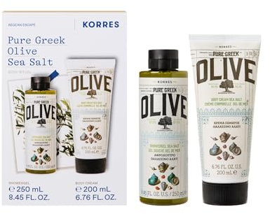 KORRES Set di benefici per la cura del corpo Olive Sea Salt, per uomo e donna, profumo aromatico di sale marino unito al profumo di oliva, gel doccia 250 ml e latte corpo 200 ml, senza silicone e