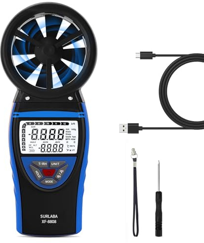SURLABA Anémomètre numérique, anémomètre d'extérieur 0,3-30 m/s, avec 5 unités et valeur max/min/actuelle, pour planche à voile, tir, voile, drone
