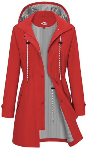CMTOP Veste Imperméable Femme Longue Coupe Vent Parka Mi Saison Vêtements d'Extérieur Printemps Automne Manteau Cordon de Serrage Trench Légère et Pliable Veste de Pluie avec Capuche (Rouge, XL)