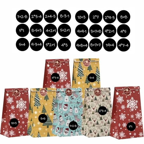 HERZWILD 24pcs Calendrier de l'Avent à remplir Sacs de Noël en papier avec autocollants numérotés Calendrier de Noël Kit de bricolage DIY, Sacs de l'Avent à remplir pour Noël (F-24pcs)