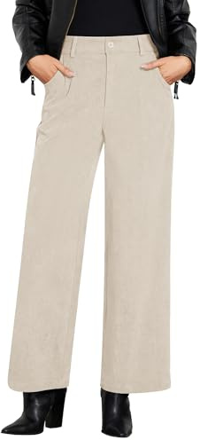 Roskiky, pantaloni a gamba larga in corduroy per donna, a vita alta, autunnali, per affari, casual, con elastico in vita, larghi, per donna, Beige, M