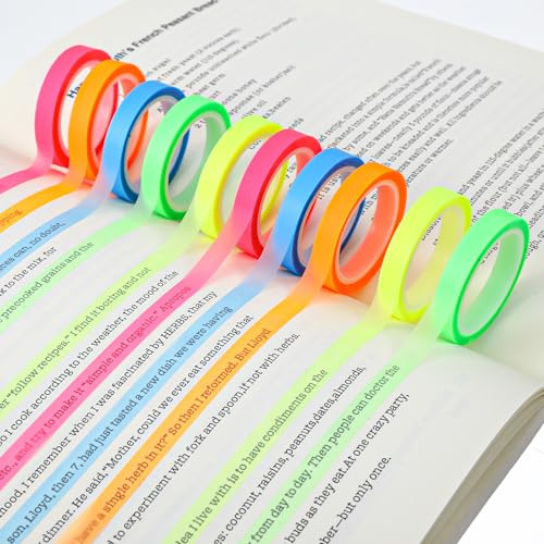 Guduling 10 rullar avtagbar textmarkörtejp, highlight-remsor, färgade fluorescerande klisterlappar, långa markeringsremsor för studenter, lärare, läsning, hem, kontor (3,5 x 0,6 x 0,6 cm)