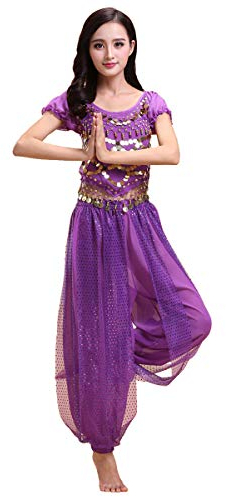 Grouptap Conjunto de Traje de Traje de 2 Piezas de Danza del Vientre de Bollywood, Tema de Princesa India, para Mujeres con Top y Pantalones (150-170cm, 30-60kg) (Morado)