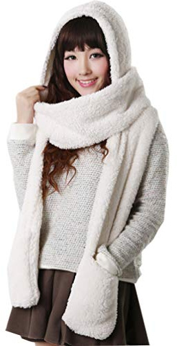 Alltops 3 in 1 Women Hooded Scarf With Mittens Neckwarmer Hoodie Pocket Hat