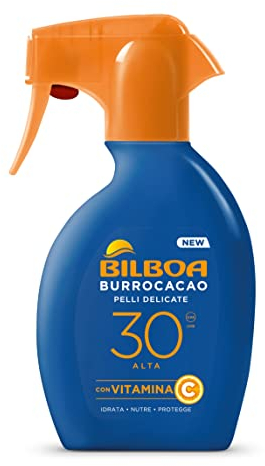 Bilboa Burrocacao Sonnenspray Trigger SPF 30, hoher Sonnenschutz für empfindliche Haut, Formel mit Vitamin C, feuchtigkeitsspendend, nährt und schützt, ohne Alkohol, Dermatologisch getestet, 250 ml