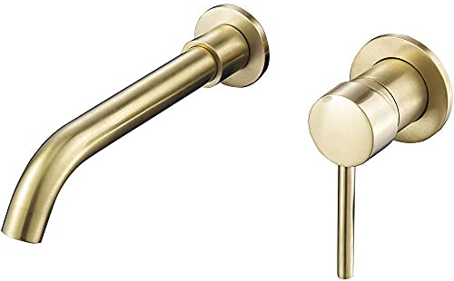 VALAZ Robinet Salle Bain Mural | Mitigeur Lavabo, Mélangeur Eau Froide et Chaude, Pas de Fuites, Installation Facile | Laiton, Inoxydable, Élégant, Doré Brossé, Rond, Bec 21 cm, Série Guadiana