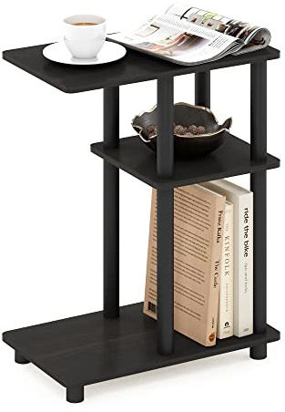 Furinno TURN-N-TUBE Side Table, 3-Tier C-Shape End Table with Open Shelf, Toolless Assembly Night Stand, Bedside Table, for Living Room, Bedroom, Espresso/Black