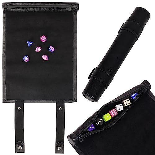 Belle Vous Schwarzes Dice Tray Würfelablage zum Ausrollen - Würfel Spiel Aufbewahrungsbox aus PU-Leder mit Reißverschluss - Faltbares Polyedar Würfeltablett Ideal als RPG, Brettspiel & DND Zubehör