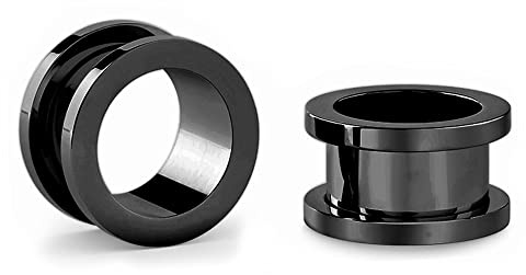Jewel Barrel Pair Flesh Tunnels 2pcs Ear Stretcher Expanders Double Flared Screw Fit Piercing Surgical Steel 1.6mm - 20mm Silver Black Rose Gold Rainbow Blue (Black, 16)