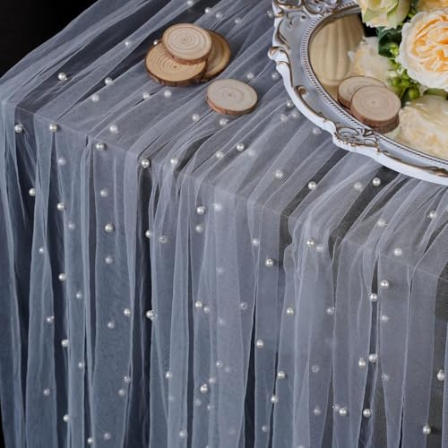 OSVINO Pearl Table Runner 63x120 Inches, Wedding Table Decor Romantic Sheer Chiffon Tulle Lace Fabric, Bridal Veil for Arch Backdrop Bridal Shower Decorations Baby Shower Engagement Party, White