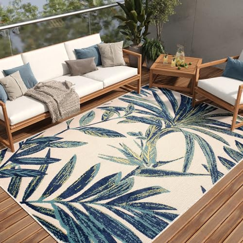 TAPISO Patio Teppich Outdoor Indoor Beige Blau Creme Blätter UV-Beständig Strapazierfähig Flachgewebe Wohnzimmer Terrasse Küche ÖKO-TEX 120 x 170 cm