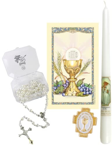 Needzo First Communion Gift Set with Candle, White Rosary, Lapel Pin, and Prayer Card, Catholic Present Ideas for Girls (Pack of 4)