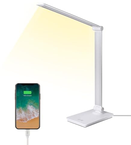 ELITUN Schreibtischlampe, tischlampe led 5 Farb 3-stufiges Dimmen tageslichtlampe usb Ladefunktion schreibtischlampe kinder stilllicht mit Memory-Funktion Augenfreundliche Leselampe bürolampe weiß