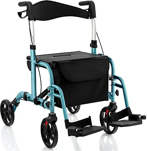 COSTWAY Rollator faltbar und leicht mit Sitz, 2 in 1 Rollstuhl & Reiserollator Leichtgewicht, Gehhilfe 6-fach höhenverstellbar, Gehwagen mit Tasche & Bremsen & Stockhalter, Aluminium (blau)