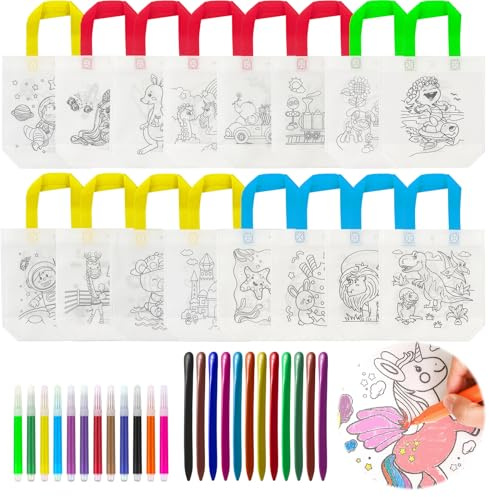16 st gör-det-själv-graffitiväska för barn målarböcker med 12 färgpennor och 12 akvarellpennor, non-woven graffitiväska för dagis, skola, födelsedagsfest