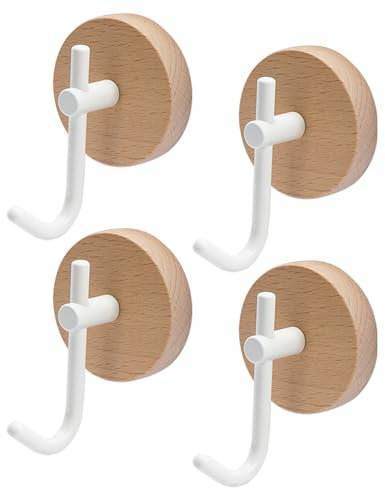 FOGAWA 4 Piezas Gancho Pared Adhesivo, Perchero Pared Madera, Accesorios Baño de Haya Natural, Colgadore Pared Autoadhesivo para Entradas,Cocinas,Pasillos,Dormitorios,Salóns (Blanco Lechoso)