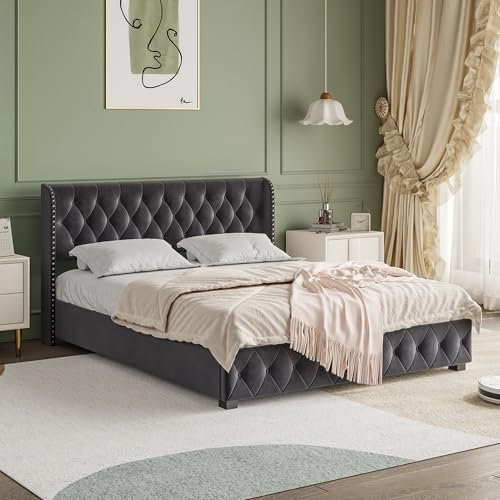 Bett mit Bettkasten, 160 x 200 cm mit Lattenrost, gepolstertes Bett, aus Samt, Doppelbett mit Stauraum, gepolstertes Bett, Kontinentalbett, Grau (160 x 200 cm)