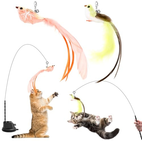 Cozary 4 Pezzi Giochi per Gatti, Gioco Gatto Interattivo con Ventosa, 1 Canna Pesca per Gatti con 2 Uccelli a Campana, Giocattolo di Intelligenza per Gatto a Bacchetta