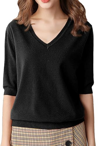 Pull à manches courtes pour femme - Manches longues - Col en V - Manches courtes - Sans coutures - En tricot léger - Élégant - Pull fin - Automne - Hiver - Pull décontracté pour femme