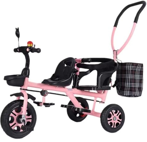 LSQXSS Cochecito con Barra de Empuje para Padres, Carrito para niños de 2 a 5 años, Triciclo de Dos Asientos para Gemelos, triciclos, Asiento Trasero con reposabrazos y barandilla