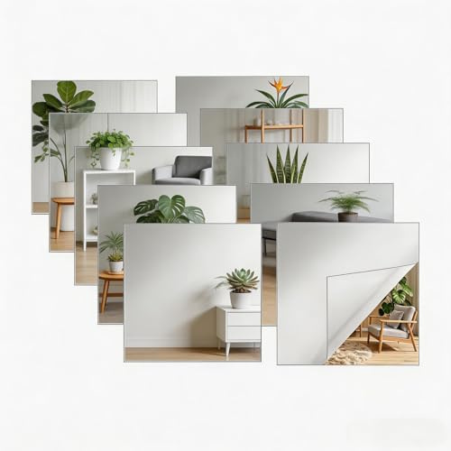 Xinjiayi 10 stycken akrylväggspeglar, självhäftande, spegel för fastsättning 15 x 15 cm, spegelfolie 2 mm tjock, självhäftande spegel för badrum, vardagsrum, skåp
