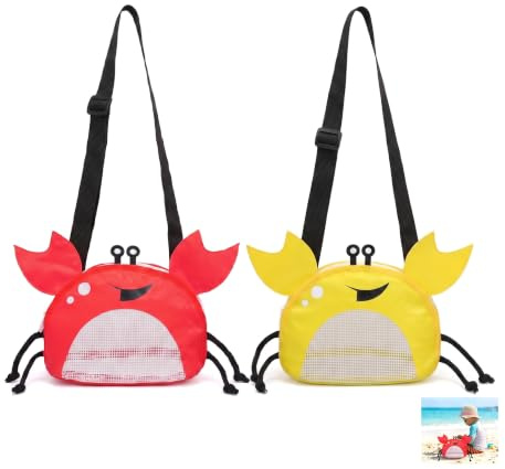 2Pcs Crab-Shaped Mesh Beach Toy Bags, Red & Yellow Shell Collecting Bags with Adjustable Straps, Kids Sand Toy Storage Nets for Beach Outings, PVC Rubber Beach Bag & Crab Net