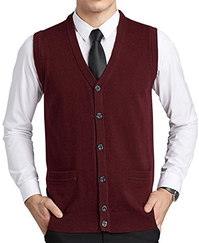 FULIER Gilet Senza Maniche in Lana con Scollo a V da Uomo Gilet Classico in Maglia con Cardigan (M, Rosso)