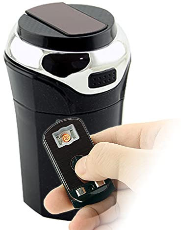 Auto Aschenbecher mit Feuerzeug und LED Licht, USB wiederaufladbar, Abnehmbarer Zigarettenanzünder mit Deckel (Klassisches Silber)