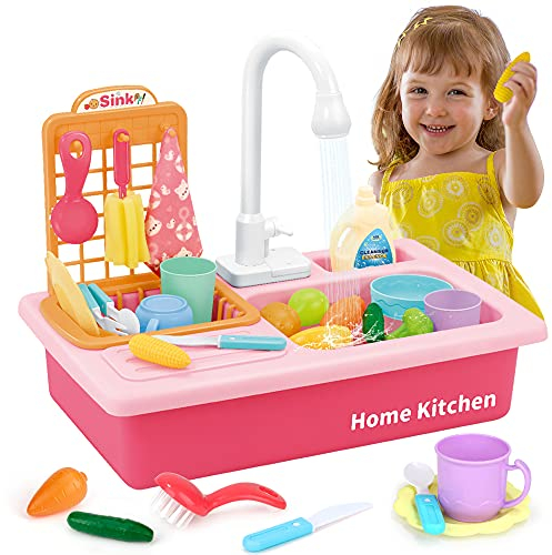 Mini Tudou Spülbecken-Spielzeug-Set,Spüle Spielen mit Fließendes Wasser Elektrische Spülmaschine,Küchenutensilien,Rollenspiel Spielzeug,Küchenzubehör-Set für Kleinkinder Kinder Mädchen(Rosa)