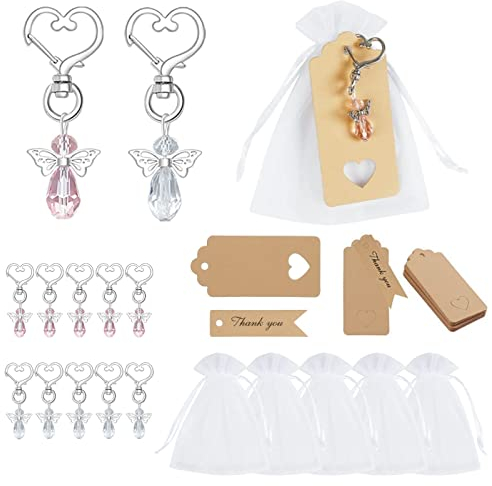 Pomeloone 30 Stücke Kreative Herz Schutzengel Schlüsselanhänger + Transparente Bonbontüte + Kraftpapier Geschenkanhänger für Party Weihnachtsdekoration, 15 Weiß + 15 Rosa Engel Anhänger Deko