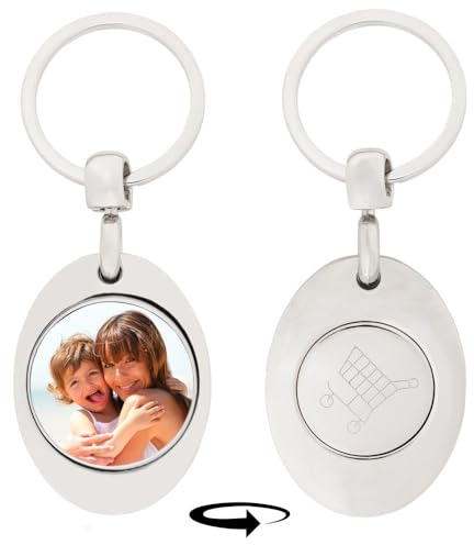Porte Clef avec jeton Caddie et Personnalisation Photo – imprimez Une Photo et disposez d'un jeton Caddie au Verso de ce Porte Clef – Porte clé métal argenté Pratique et Personnalisable