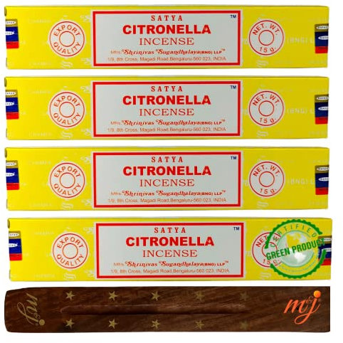 Original Satya Nag Champa Citronella Incense Sticks | with M&J incense sticks holder | x4 pack | for Aromatherapy, Spa, Yoga, Weddings, Meditation, Healing, Positivity and Relaxation
