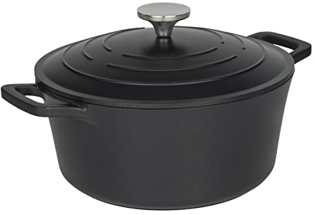 Commichef XR-724BK 24cm Cast Aluminium Round Casserole Dish, Suitable for Oven and All Types of Hob, Perfect for Stews and Casseroles, Black