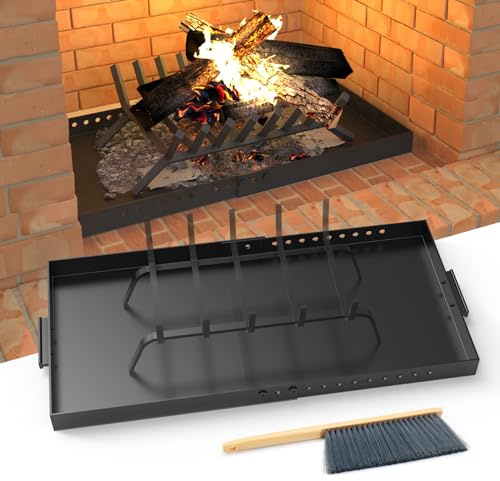 GCGOODS Kaminschale mit Griffen, erweiterbarer Aschekasten für Aschesammlung, Verstellbarer Gluthalter, Kaminpfanne mit Pulverbeschichtung, Bürste für einfache Reinigung, Schwarz, Rechteck