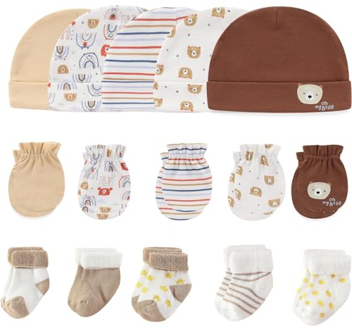 MAMIMAKA Baby Boys Caps Mittens and Thick Warm Socks Cotton Newborn Essentials Accessories (Hats+Gloves+Terry Socks), 0-6 Months