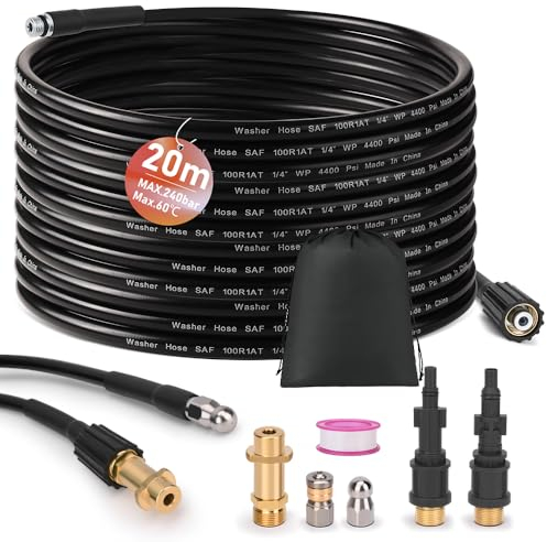 Manguera de limpieza de tuberías de 20 m, incluye 3 adaptadores, 2 boquillas rígidas + giratorias, juego de limpieza de tuberías para K2-K7, LAVOR, Bosch, Parkside, limpiador de desagüe, manguera de