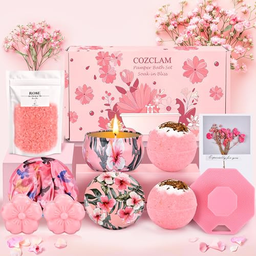 COZCLAM Coffret Bain Femme, Coffret Cadeau Soin Femme avec Sels de Bain, Savons, Bougie, Bombes de Baine, Brosse et Bonnet, Cadeau Spa Pamper pour Noël, Anniversaire, Valentin