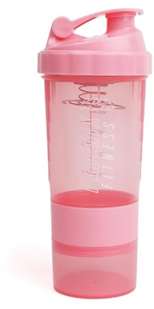 Phoenix Fitness Protein Shaker Bottle with Storage Compartments - 500ml Leakproof BPA Free Easy Clean Bottle for Powder Shakes, Supplements, Vitamins & Snacks - Pink