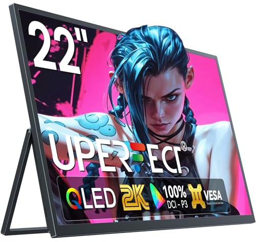 UPERFECT 22 Portable Monitor 2K QLED w/VESA & 180° Adjustable Stand, 2560×1440 QHD FreeSync HDR Gaming Display, USB-C HDMI Travel Second Monitor for Laptop, Phone, PC & Gaming Consoles