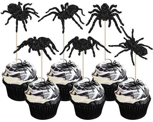 Rsstarxi 24 Pack Halloween Spider Cupcake Toppers Glitter Black Spider Cupcake Picks Decorations for Halloween Theme Baby Shower Birthday Party Cake Decorations