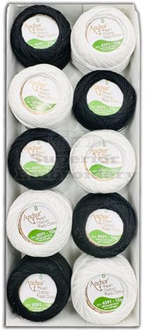 New Pack of 10 (5 White 5 Black) Anchor Pearl Cotton Balls Anchor Crochet Cotton Embroidery Thread Balls Size 8 (85 Meters Each)