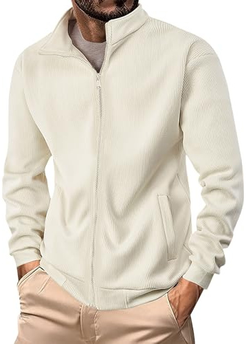MEIbax Sweat sans Capuche Homme Velours côtelé à Col Montant Zippé Manche Longue Sweat-Shirt Doux et Confort Style Élégance Pull pour Loisirs Trendy Automne Hiver (Beige, XXXL)