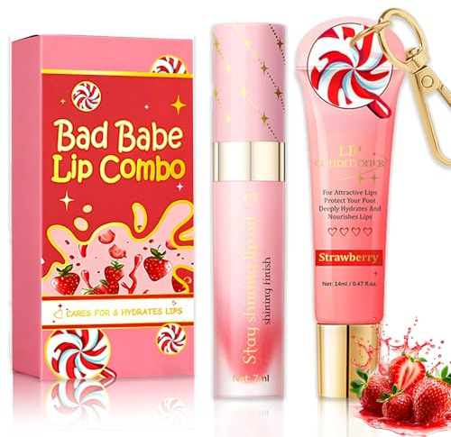 Lip Conditioner & Lip Oil Set, Strawberry Lip Balm Set, Moisturizing Lip Care for Dry & Chapped Lips, Hydrating Lip Gloss Balm Lip Care Set Duo for Smooth Soft Plump Lips, Gifts for Teenage Girls