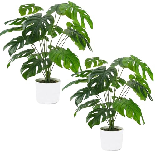 Laelfe 2 Pack Artificial Monstera Plants in Pot (55 cm, 12 Leaves) | Fake Tropical Palm Plant, for Home Office Living Room Balcony Indoor Outdoor Decor
